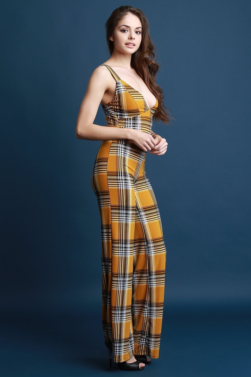 Plaid V-Neck Palazzo Jumpsuit